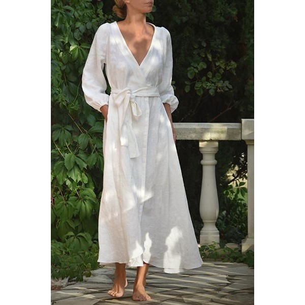 Luxe Provence White 100% Linen Wrap Dress Long Sleeve Midi Maxi Size M Pockets